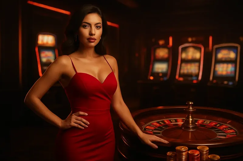 Beautiful woman in red dress standing confidently near roulette and slot machines with gold coins and poker chips in a luxury Bangladesh casino setting