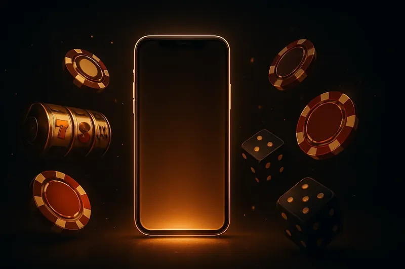 Glowing smartphone surrounded by casino chips, slot reels, and dice on a dark gold-accented background